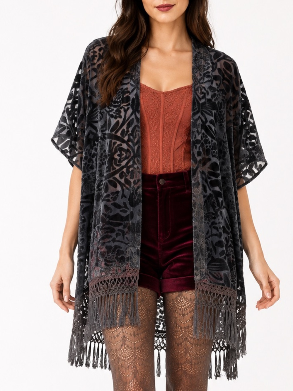 Sun & Shadow  Burnout Velvet Fringe Kimono Duster Whimsigoth Boho Romantic Goth